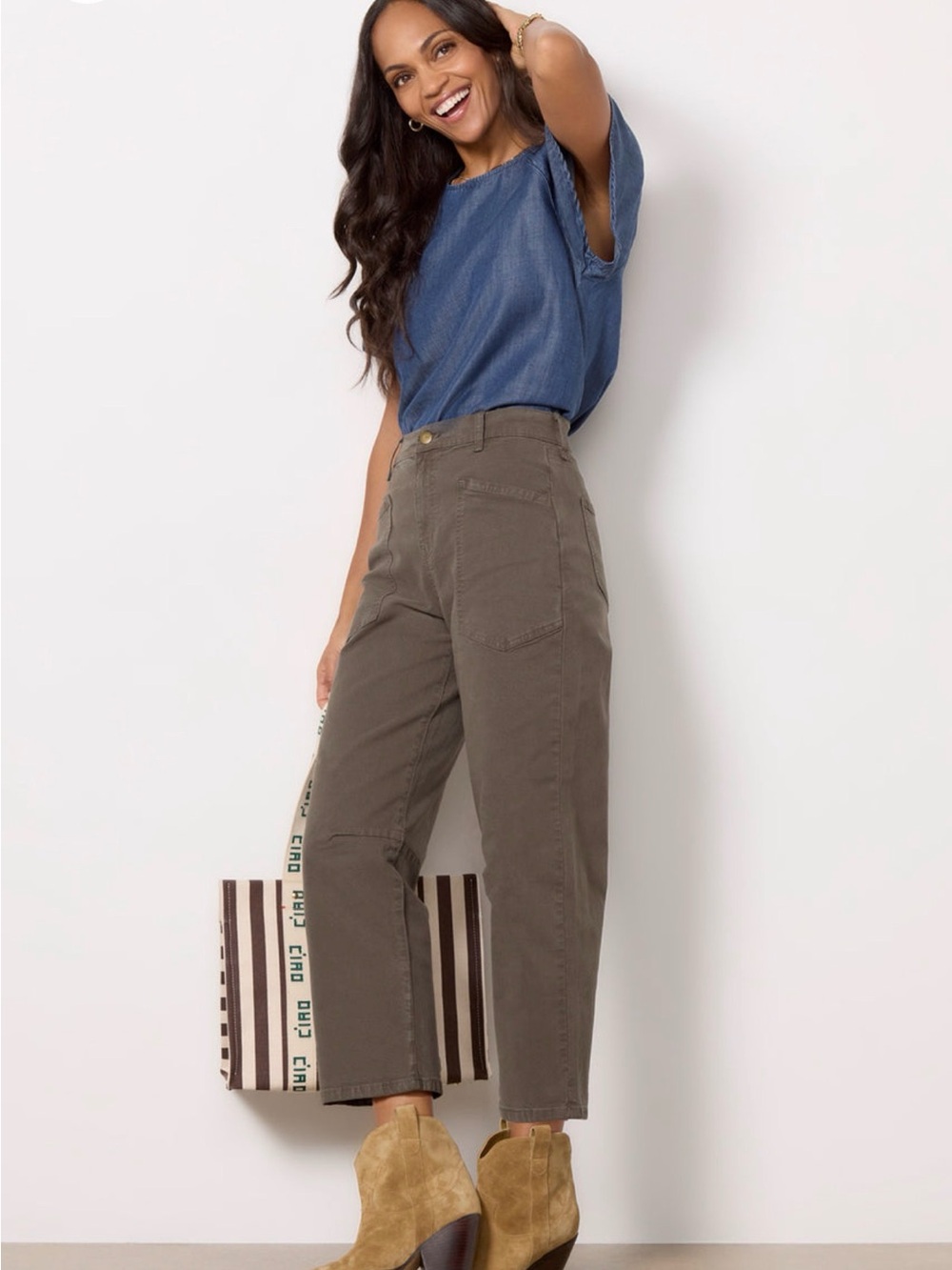 NWT Evereve Emerson High-Rise Cropped Barrel Pants in Forest Olive